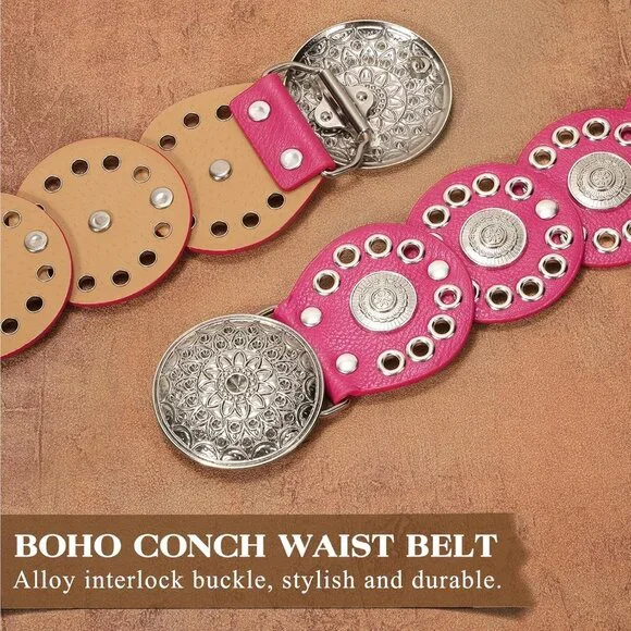 Women Vintage Disc Waist Concho Leather Belt Boho Waist Belt Rose Red Silver